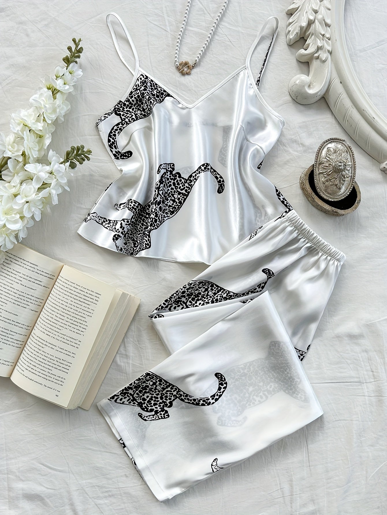 Leopard Print Fashionable Comfort V-Neck Camisole Long Pants Pajama Set 2pcs
